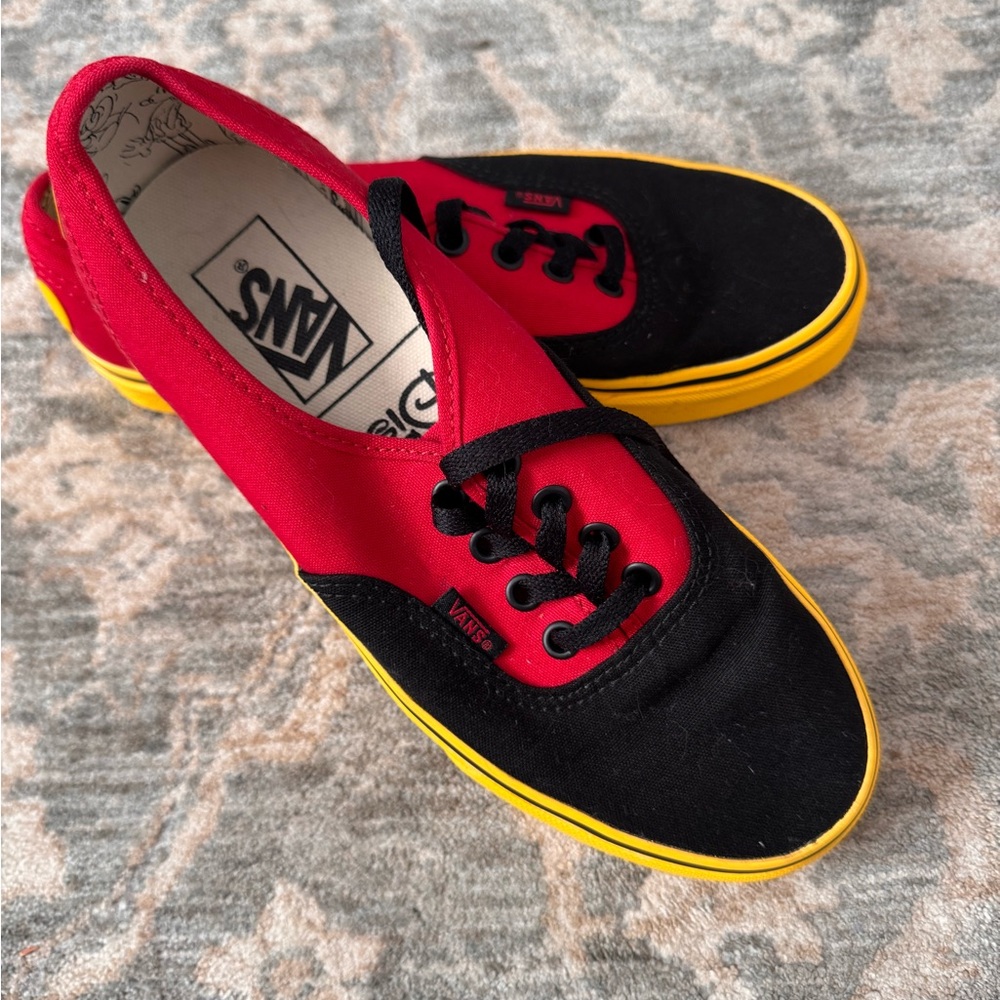 Vans Disney Mickey Mouse Red and Black Canvas Shoes with Yellow Trim